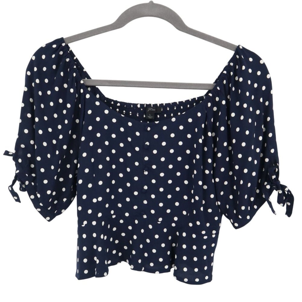 J. Crew Cropped Polka Dot Top Women L Blue Preppy Nautical Classic Retro Modern‎